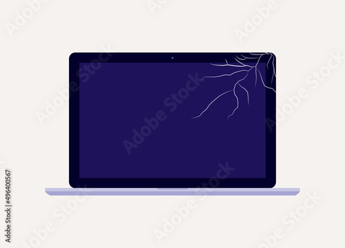 Front View Of A Laptop With Broken Screen.