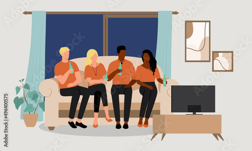 Friends Of Different Races Drinking Beer While Watching TV Together At Home.