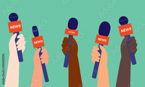 Diverse Group Of Reporter’s Hand Holding Microphone With “News” Text On Red Cube.
