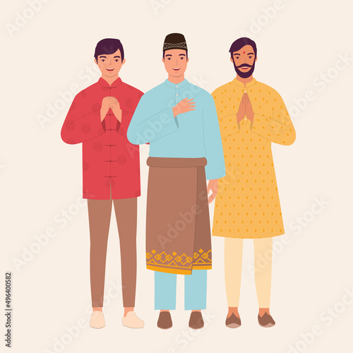 Three Men Dressed In Beautiful Traditional Clothes Greeting.
