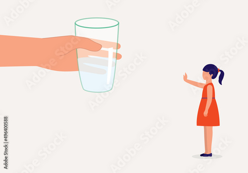 Side View Of A Young Girl Standing In Stop Gesture Refuses To Drink Her Water.