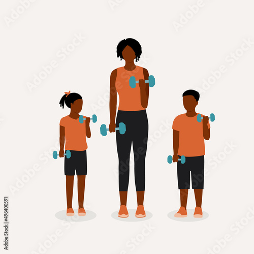 Black Mother And Children With Dumbbell Doing Weight Training Together.