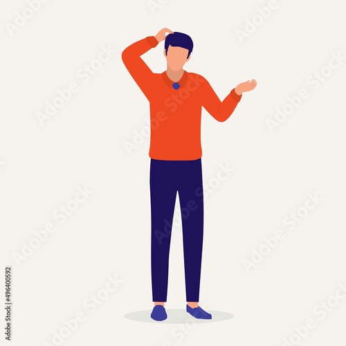 Front View Of A Young Man With Shrugging Gesture Scratching His Head.