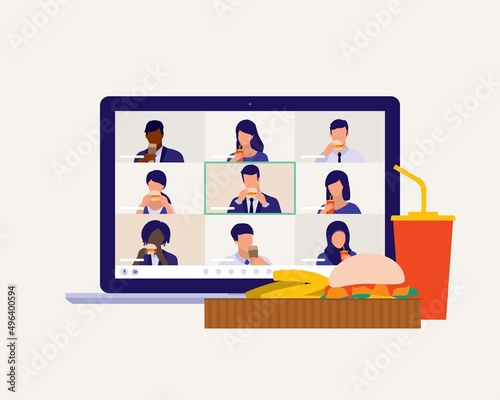 Laptop Screen With Diverse Group Of Employee Having Virtual Lunch Together.