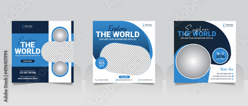 Travel tour social media post or holiday vacation square web banner template