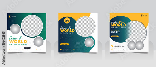 Travel tour social media post or holiday vacation square web banner template