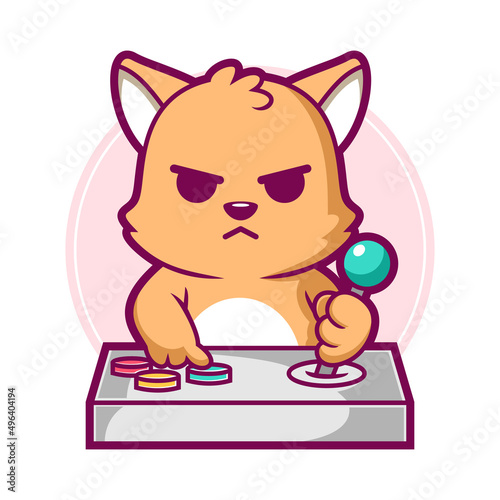 Cute cat play game with arcade joystick cartoon