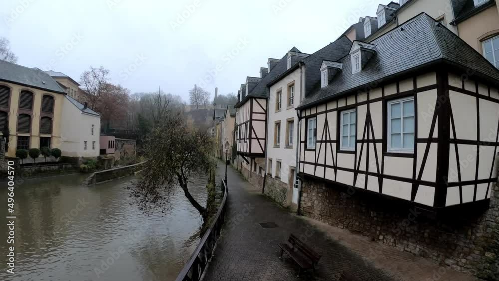 Luxembourg, December 4, 2021: PAN Grund district is one of Luxembourg City's oldest neighborhoods. Grund is the lower fortified area of Luxembourg city, located on the banks of the River Alzette. Luxembourg, December 4, 2021: PAN Grund district is one of Luxembourg City's oldest neighborhoods. Grund is the lower fortified area of Luxembourg city, located on the banks of the River Alzette.
