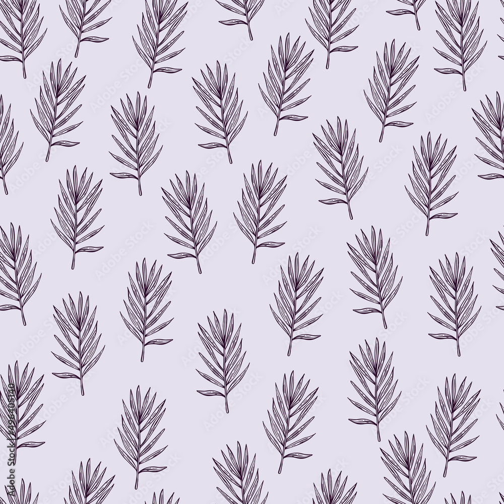 Palm leaves seamless pattern. Tropical branch in engraving style. Palm leaves seamless pattern. Tropical branch in engraving style.