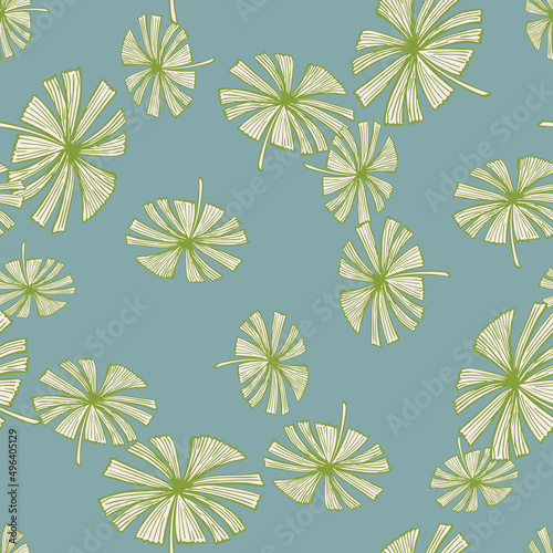 Fan palm leaves seamless pattern on. Vintage foliage of palmetto in engraving style.