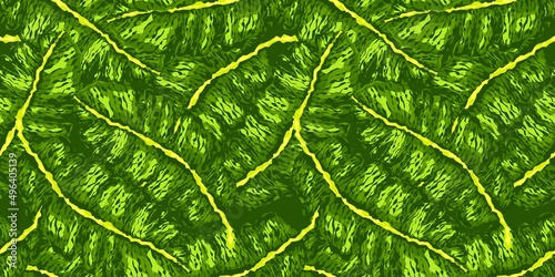 Rough banana leaf seamless pattern. Tropical background. Camouflage green leaves.