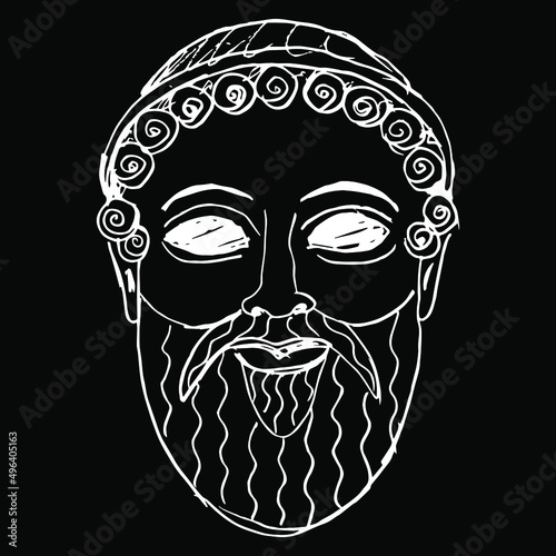 Head of ancient Greek god. Bearded male face. Mask of Poseidon or Zeus. Hand drawn linear doodle rough sketch. White silhouette on black background.