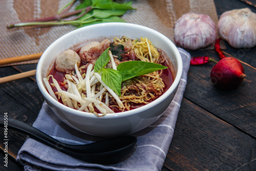 Thai noodle with pork is a street food that is commonly sold in Thailand. Also known as "kuey teow Nam Tok".