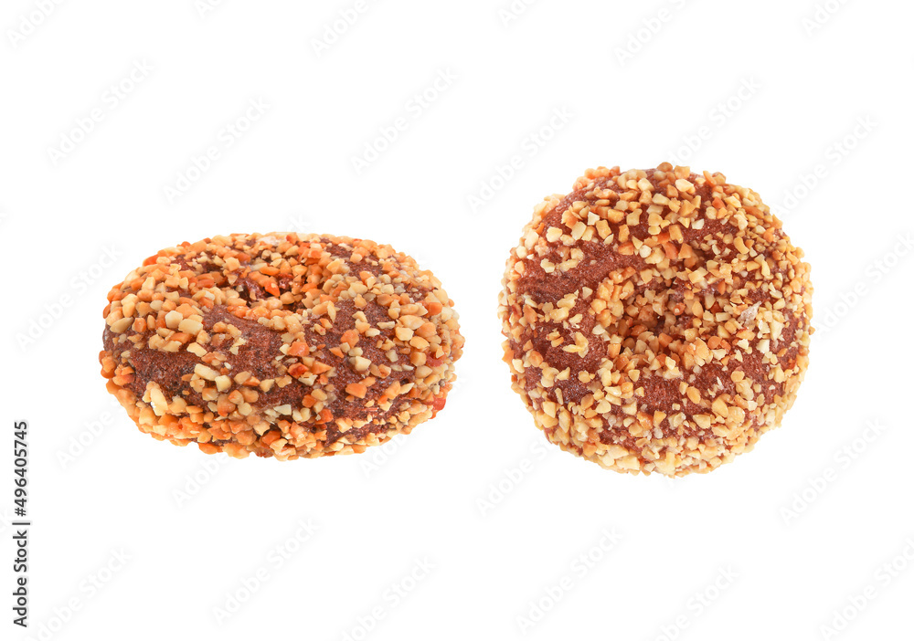 Donut chocolate sprinkled with nuts isolated on white background with clipping path include for design usage purpose. Donut chocolate sprinkled with nuts isolated on white background with clipping path include for design usage purpose.