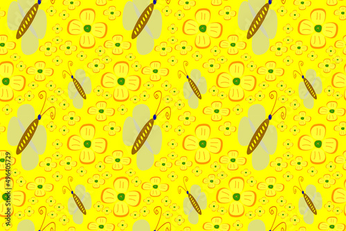 Seamless wallpaper with butterflies and flowers in bright yellow tones in a cute cartoon style on a yellow background for printing on fashion fabrics and printed products.