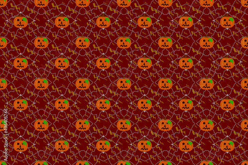 Halloween pumpkin pattern seamless wallpaper on red background with lightning pattern.