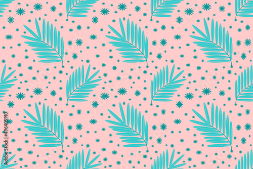 Seamless light blue leaf pattern, cute pattern on light pink background, fern leaves, herbs, forests, plants, elegant soft woven fabric, backdrop wrapping paper.