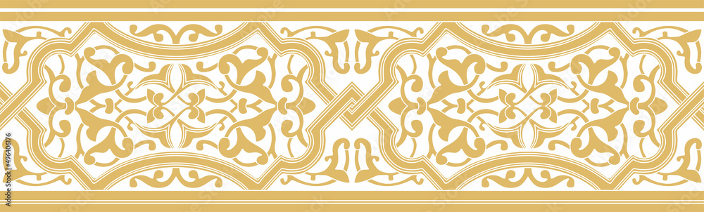 Vector gold seamless arabic ornament. Orange endless arabesque, border.
