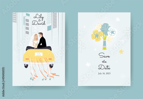 Wedding invitation Save the Date template set with stylized cartoon couple bride and groom in Just Married yellow car. Bridal bouquet in yellow, white and blue colors.