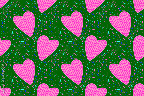 pink heart pattern seamless multicolored doodle pattern,for Valentine's Day,green background