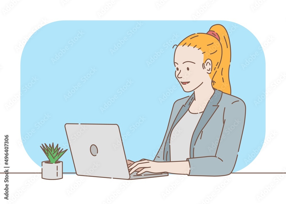 female worker is typing using laptop to work in her office, hand drawn with thin lines illustration female worker is typing using laptop to work in her office, hand drawn with thin lines illustration