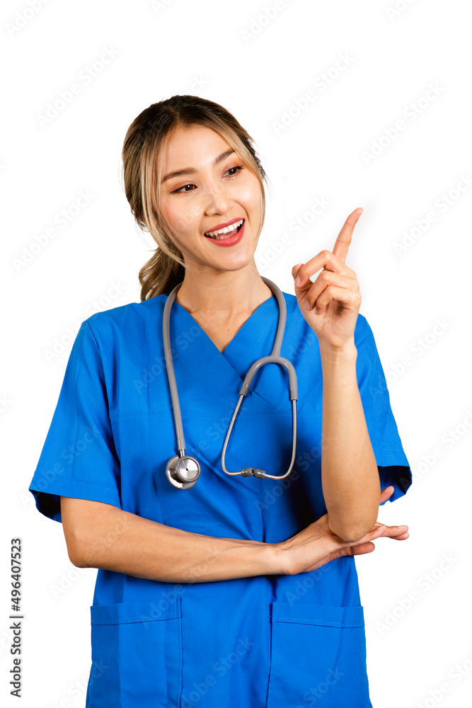 Female doctor in blue uniform put her hand up to pointing something. Female doctor in blue uniform put her hand up to pointing something.