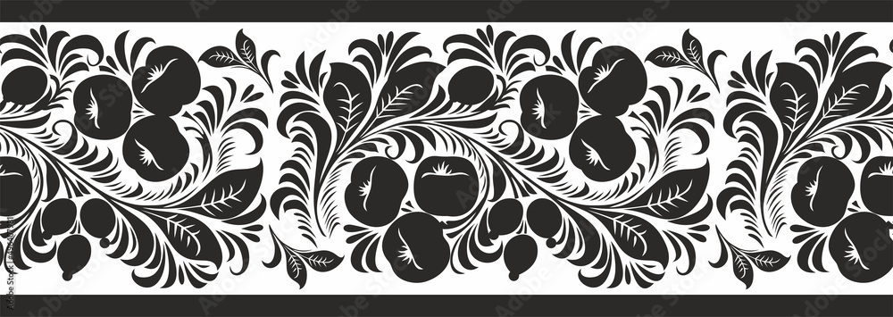 Vector monochrome seamless Russian Khokhloma ornament. black fruit and berry border, frame of the Slavic peoples of Eastern Europe. For sandblasting, laser and plotter cutting.
 - obrazy, fototapety, plakaty 
