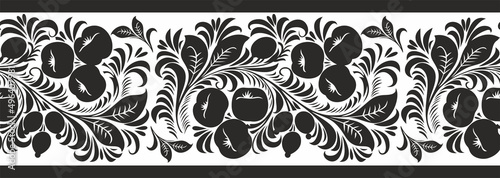 Vector monochrome seamless Russian Khokhloma ornament. black fruit and berry border, frame of the Slavic peoples of Eastern Europe. For sandblasting, laser and plotter cutting.
