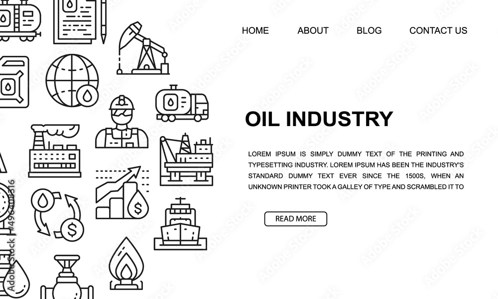 Obraz premium Oil industry landing page template in line style. Fuel Truck, Engineer, Gasoline, Cargo Ship illustration design concept for web page design.