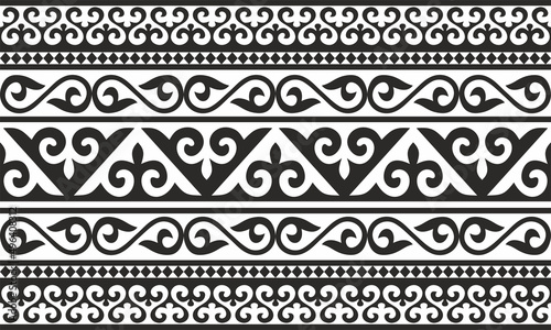 Vector monochrome seamless Kazakh national ornament, yurt decoration. Endless black border, frame of the nomadic peoples of the Great Steppe. For sandblasting, laser and plotter cutting. 