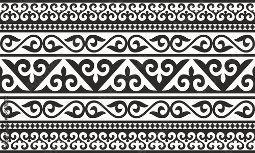 Vector monochrome seamless Kazakh national ornament, yurt decoration. Endless black border, frame of the nomadic peoples of the Great Steppe. For sandblasting, laser and plotter cutting.
