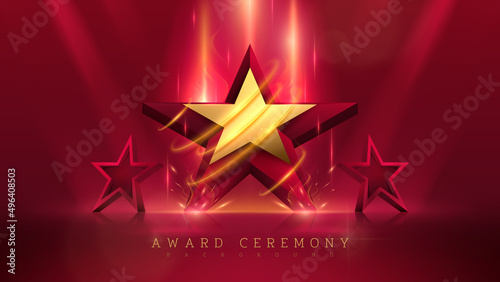 3d gold star with glitter light and fire effect decoration and bokeh element and beam. Luxury award ceremony background concept.