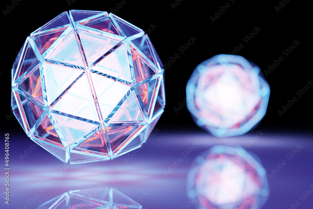 3D illustration of a blue lighting ball with many faces, crystals scatter on a background. Cyber ball sphere 3D illustration of a blue lighting ball with many faces, crystals scatter on a background. Cyber ball sphere