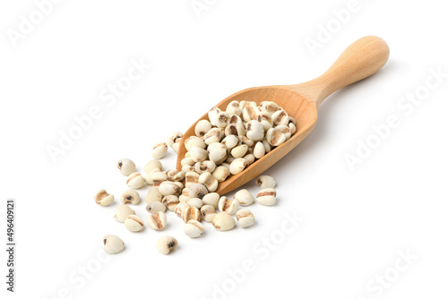 Job's tears ( Adlay millet) in wooden bowl  isolated on white background. photo