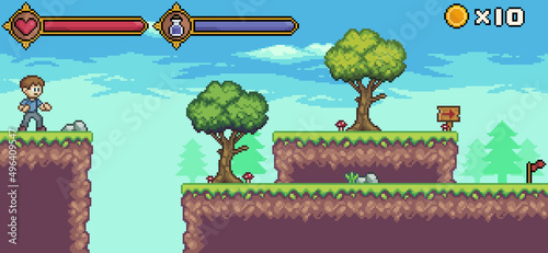 Pixel art game scene with character, life bar and mana, tree, cloud vector background for 8bit game