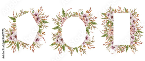 Boho watercolor floral wedding frame clip art, dried flowers and leaves illustrations. Floral hand painted watercolor wild herbs wreath set. Bohemian arrangement bundle