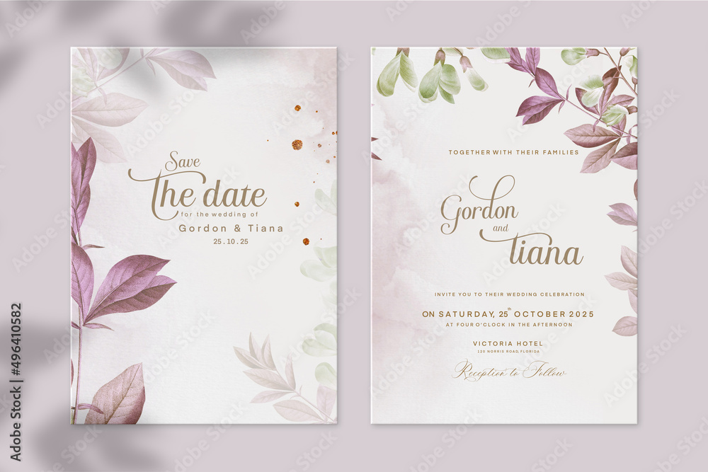 Floral Wedding Invitation and Save the Date with Green and Purple Flower