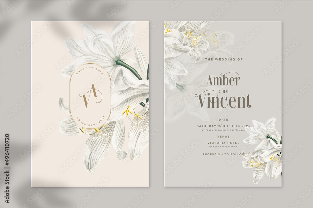 Floral Wedding Invitation and Save the Date with White Lily
