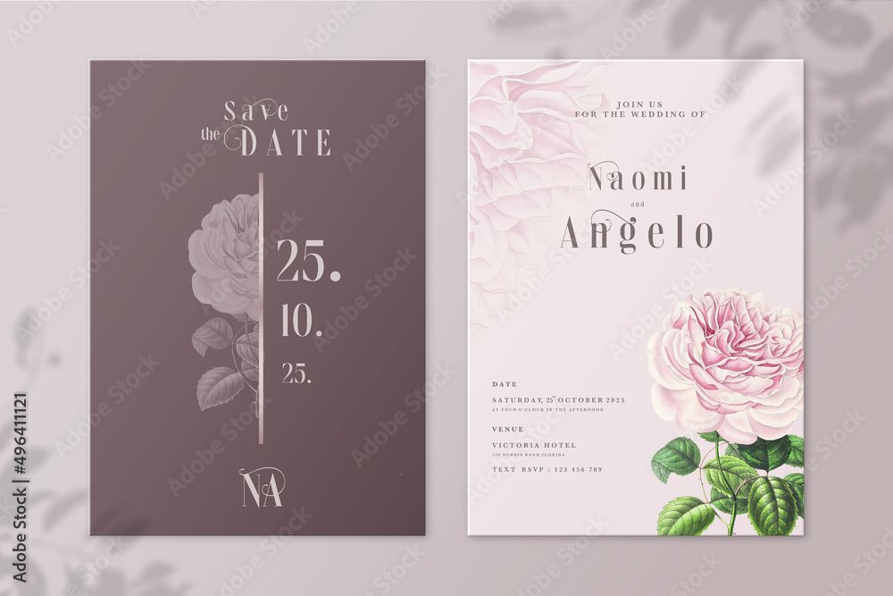 Floral Wedding Invitation and Save the Date with Pink Peony