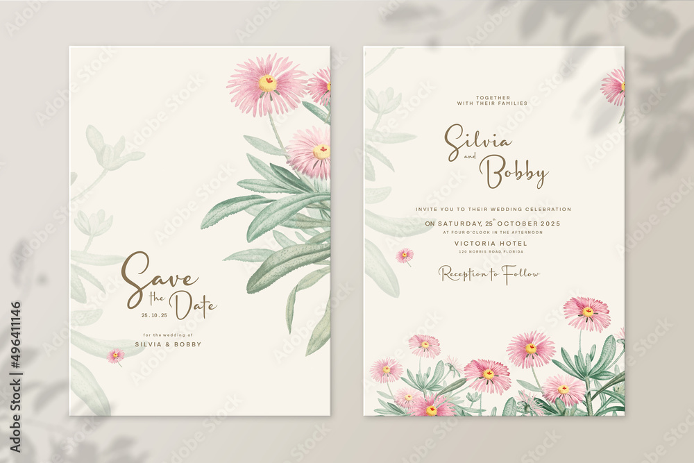 Vintage Wedding Invitation and Save the Date with Pink Flower