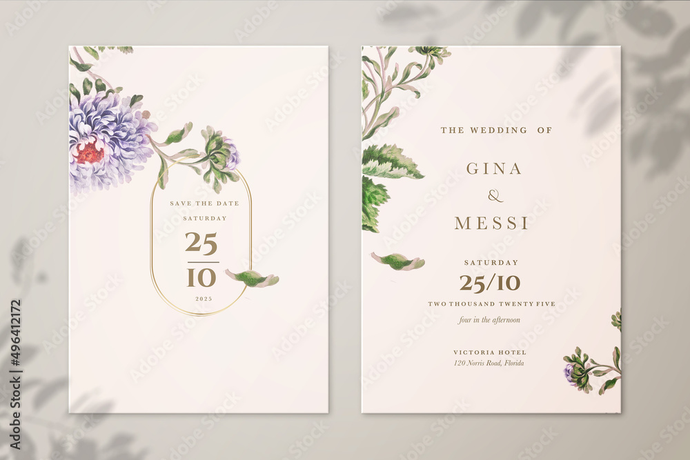 Vintage Wedding Invitation and Save the Date with Purple Peony