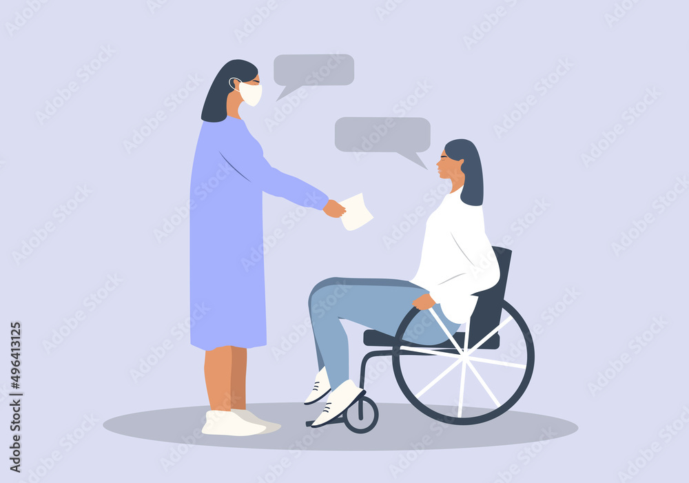 vector illustration in flat style - a doctor consults a woman who use a wheelchair vector illustration in flat style - a doctor consults a woman who use a wheelchair