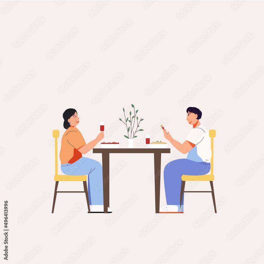 A man and a woman are having dinner. The couple laughs and drinks wine from glasses. Cheerful conversation. Dining room interior. Illustration.