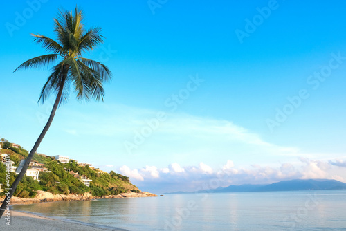 Beautiful seascapes and resorts with coconut palms on the beach of the sea in summer. with the sky and sunlight in the morning