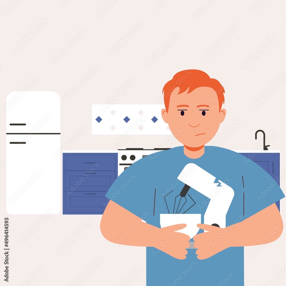 A man is standing in the kitchen. Discontent, sadness, failure. Broken, broken kitchen appliances. Repair. A man is standing in the kitchen. Discontent, sadness, failure. Broken, broken kitchen appliances. Repair.