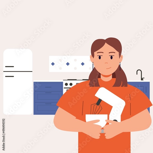 A woman is standing in the kitchen. Discontent, sadness, failure. Broken, broken kitchen appliances. Repair.