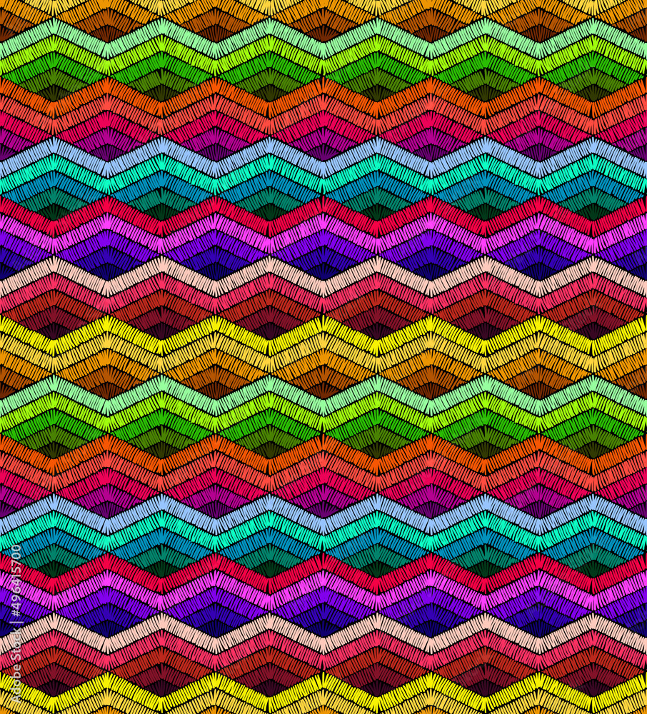 Embroidered seamless pattern. Zigzag ornament for wrapping, blankets, carpets, pillows, home decor. Vector illustration.