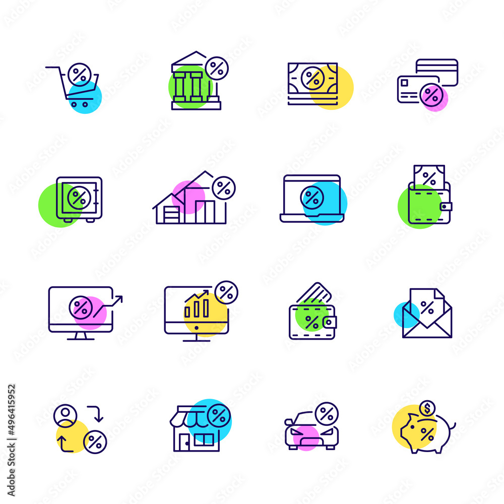Set of finance and wealth icons. Online shopping, banking services, mortgage and savings. Pixel perfect, editable stroke Set of finance and wealth icons. Online shopping, banking services, mortgage and savings. Pixel perfect, editable stroke