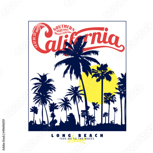 Graphic t-shirt design, beach with palm trees. An evening on the beach with palm trees. Colorful picture for rest. palm trees at sunset. summer long beach in California