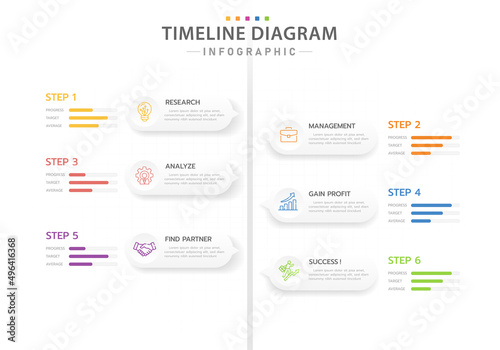 Infographic template for business. 6 Steps Modern Timeline diagram with planning topics, presentation vector infographic.